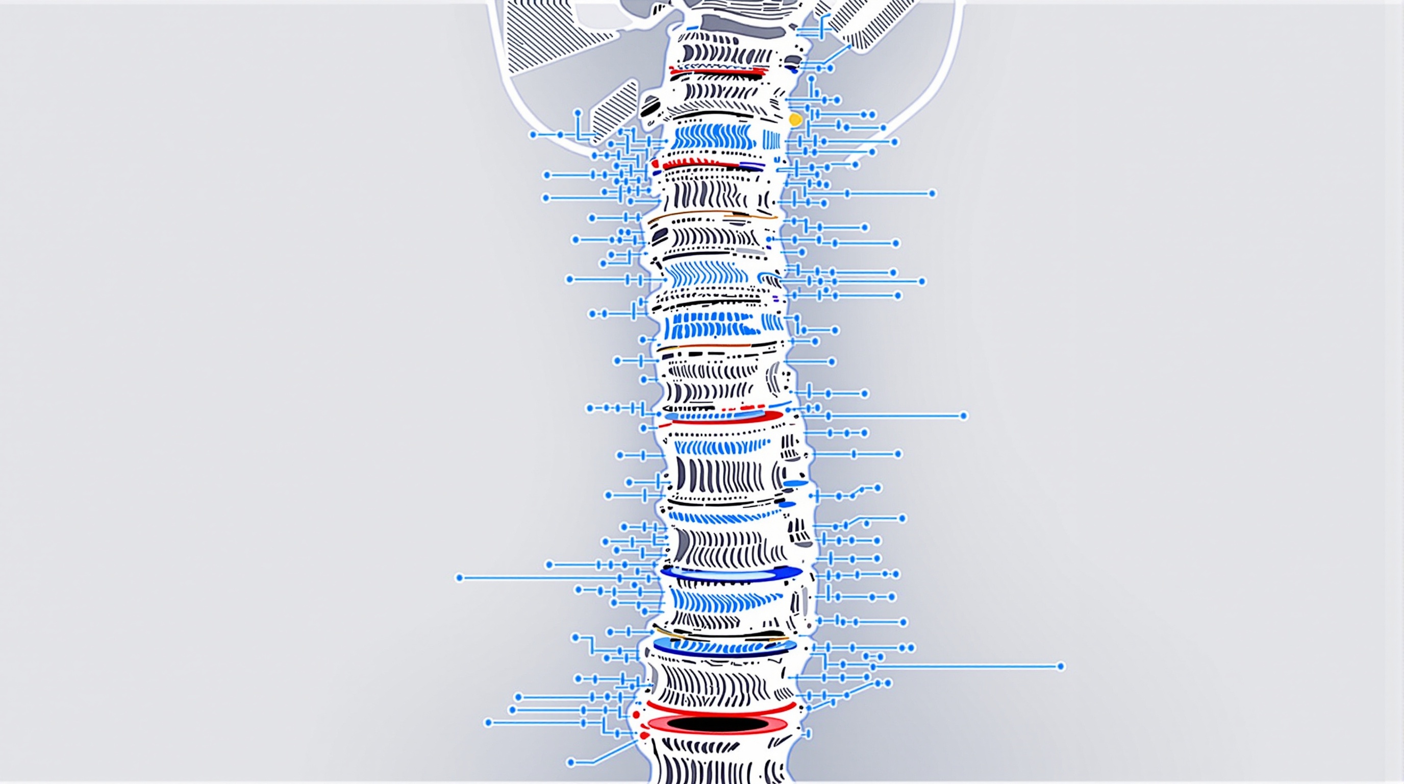 Cervical spine anatomy illustration showing disc levels and vertebrae