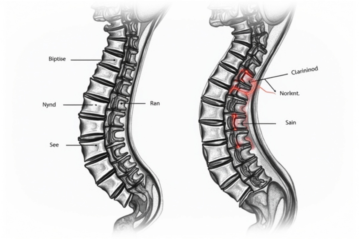 Example MRI labels showing disc herniation and nerve compression (generic)