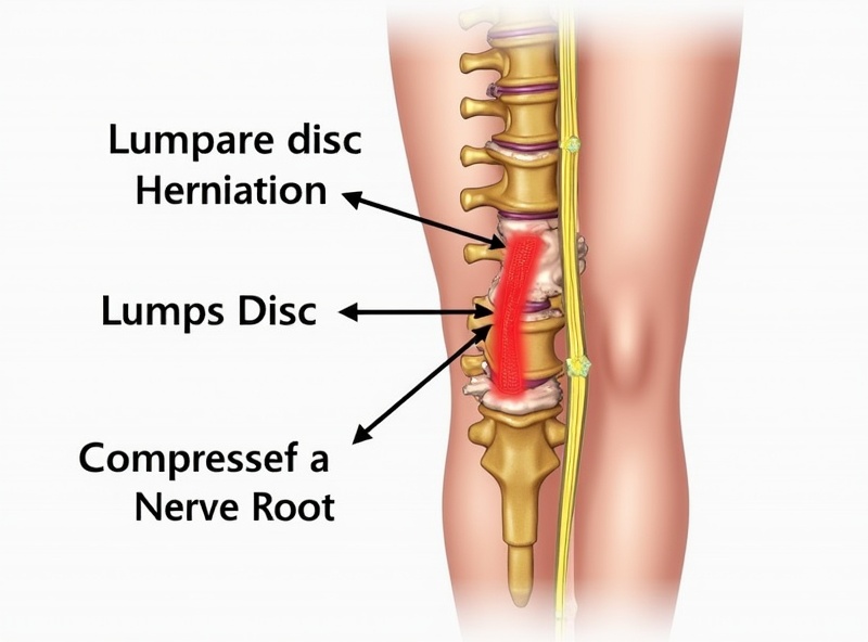 Disc herniation compressing a lumbar nerve root (sciatica diagram)