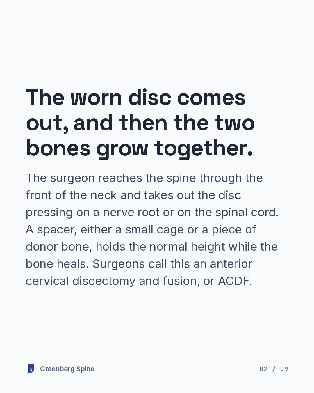 Text slide explaining that the surgeon reaches the spine through the front of the neck and takes out the disc pressing on a nerve root or on the spinal cord, that a spacer of either a small cage or a piece of donor bone holds the normal height while the bone heals, and that surgeons call this an anterior cervical discectomy and fusion, or ACDF.