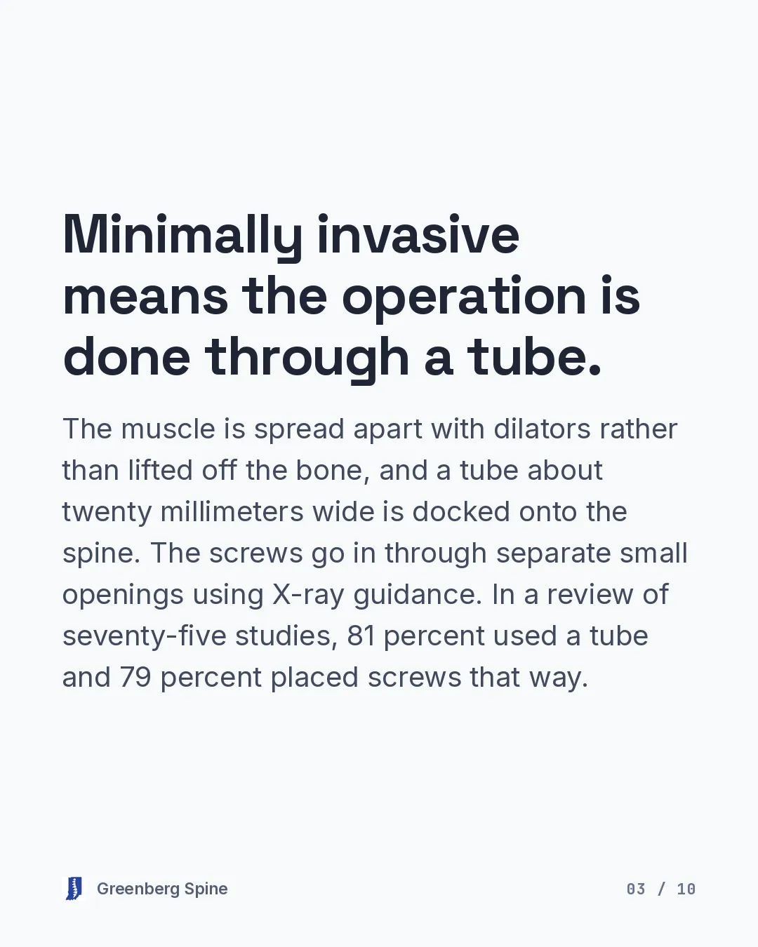 Text slide. Minimally invasive means the operation is done through a tube. The muscle is spread apart with dilators rather than lifted off the bone, and a tube about twenty millimeters wide is docked onto the spine. The screws go in through separate small openings using X-ray guidance. In a review of seventy-five studies, 81 percent used a tube and 79 percent placed screws that way.
